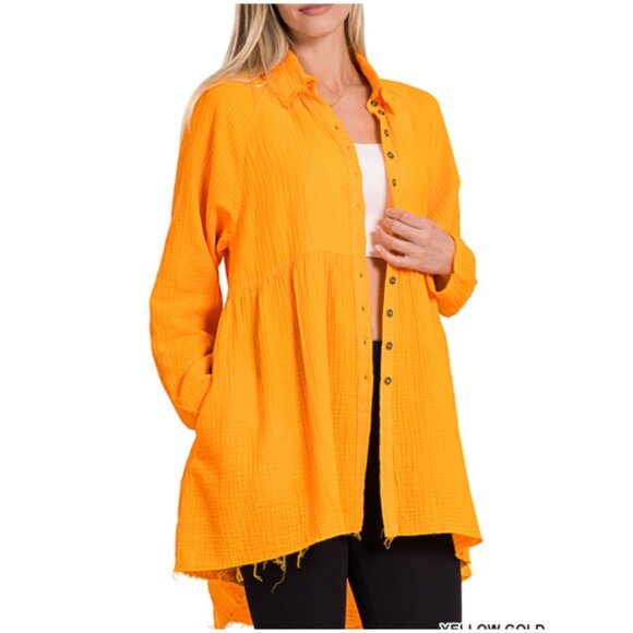 NWT ZENANA DOUBLE GAUZE RAW EDGE SHIRT WITH POCKETS - Picture 1 of 1